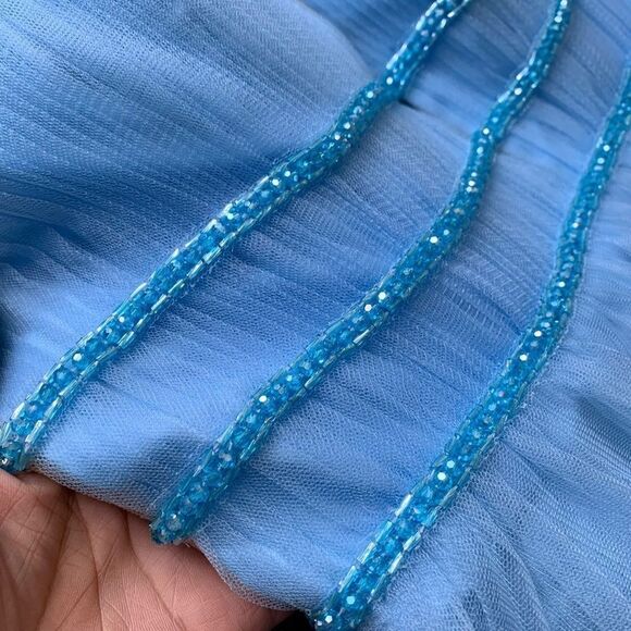 Charming Ball Gown V Neck Open Back Blue Tulle Long Prom Dresses with Beaded - Picture 10 of 14